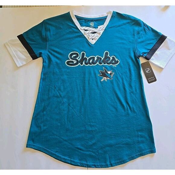 NHL San Jose Sharks Women T Shirt Short Sleeve Small 4/6 Teal Curved Hem - Picture 1 of 11
